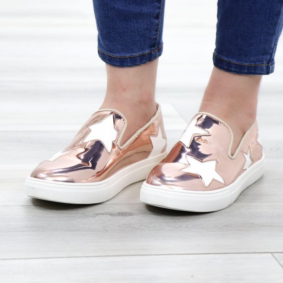 Rose Gold With White Stars Patent Sneakers Shoes - Picture 12 of 14